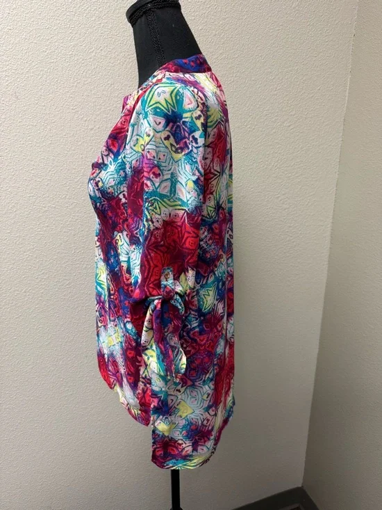 Fury Abstract Print Blouse V Neck Boho Top Pink Blue Multicolor Tunic Chic - Picture 4 of 8